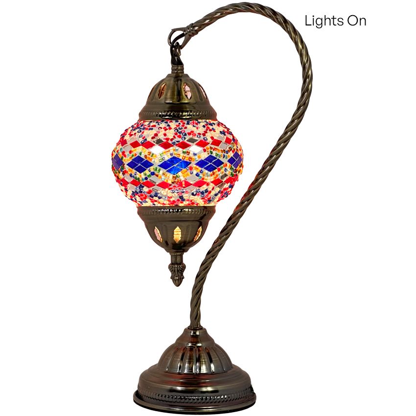 Turkish Lamp with Blue & Red Diamond Patterns mosaic glass table lamp — close-up of the mosaic glass