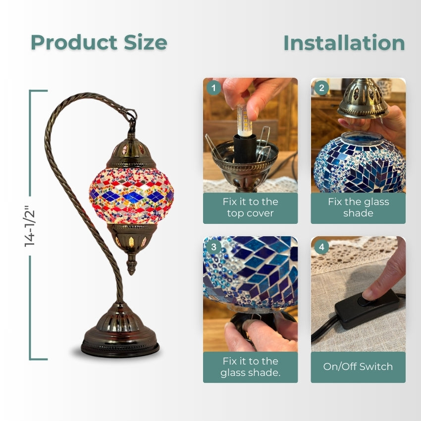 Turkish Lamp with Blue & Red Diamond Patterns mosaic glass table lamp — handmade craftsmanship