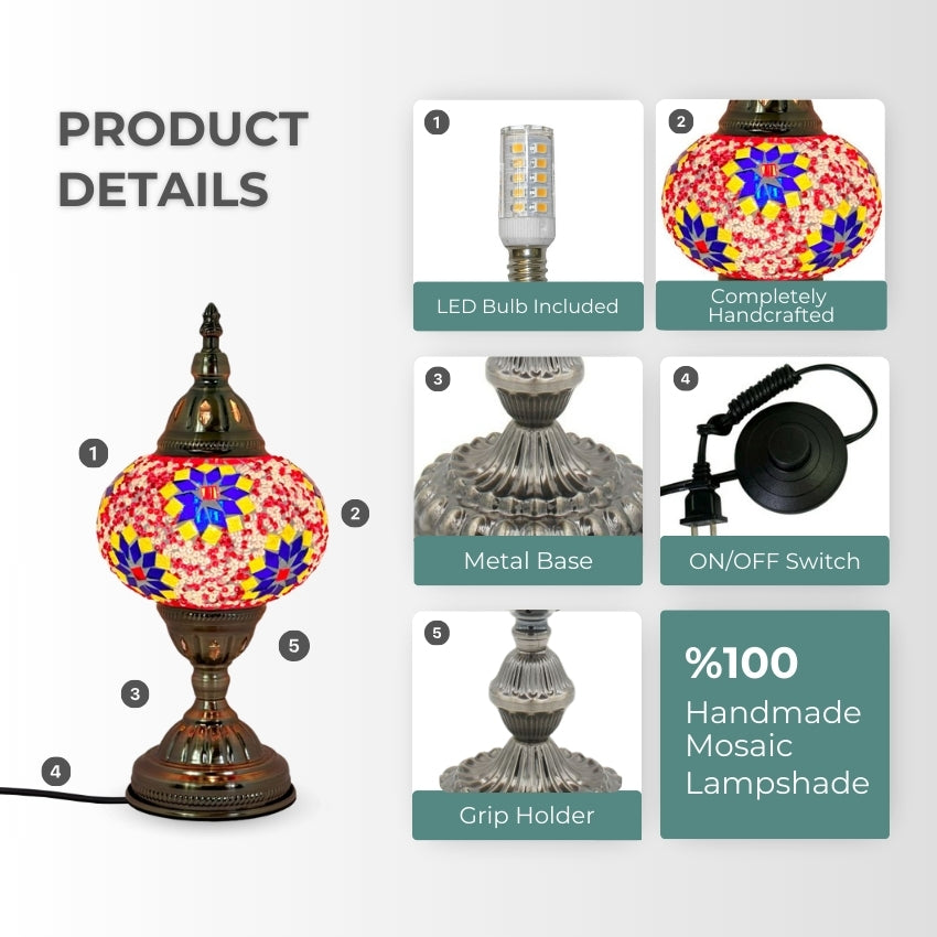 Turkish Desk Lamp mosaic glass table lamp — glowing against a dark background