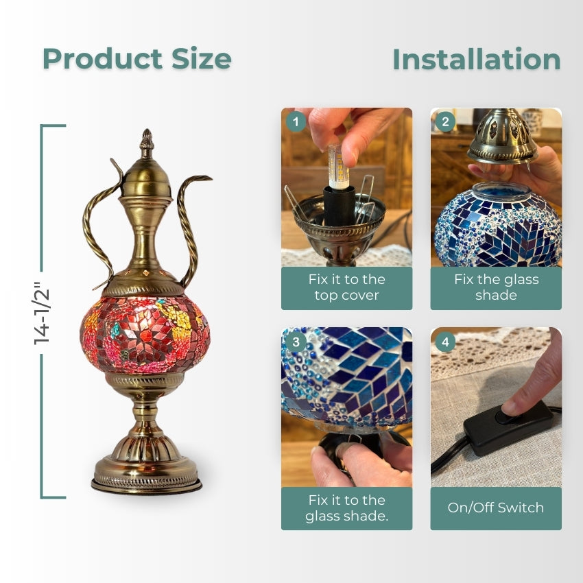 Rustic Brown Turkish Table Lamp with Mosaic Pitcher Design mosaic glass table lamp — handmade craftsmanship
