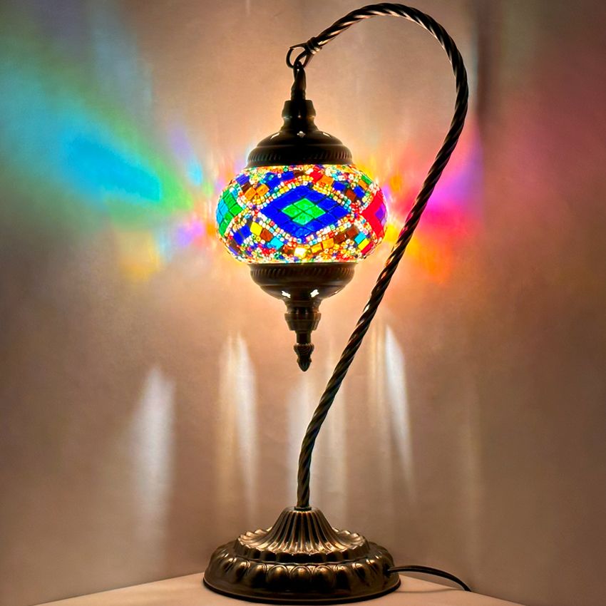 Vibrant Aura Handmade Swan Neck Mosaic Lamps in Colorful Tones mosaic glass table lamp — glowing against a dark background