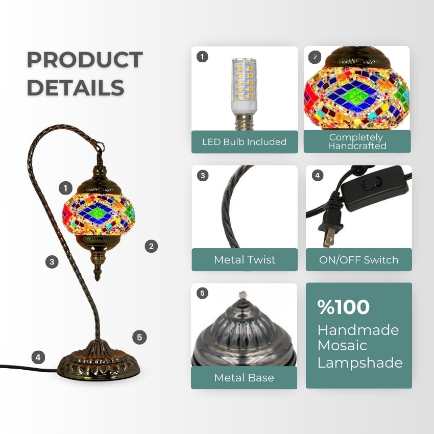 Vibrant Aura Handmade Swan Neck Mosaic Lamps in Colorful Tones mosaic glass table lamp — setup guide