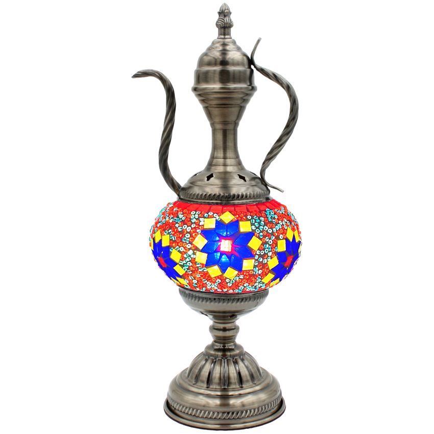 Vivid Red Turkish Lamp with Colorful Flowers and Teapot Motif mosaic glass table lamp — close-up of the mosaic glass