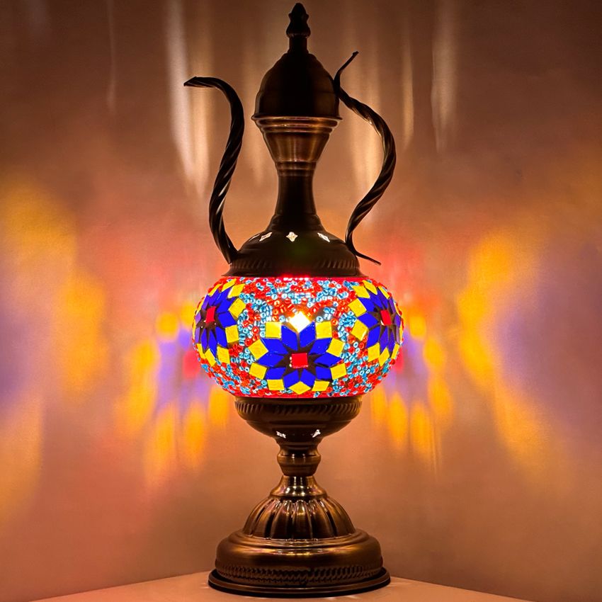 Vivid Red Turkish Lamp with Colorful Flowers and Teapot Motif mosaic glass table lamp — glowing against a dark background