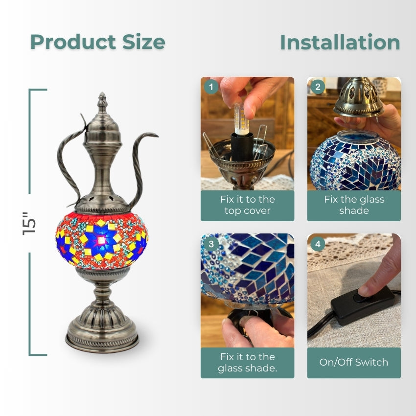 Vivid Red Turkish Lamp with Colorful Flowers and Teapot Motif mosaic glass table lamp — handmade craftsmanship