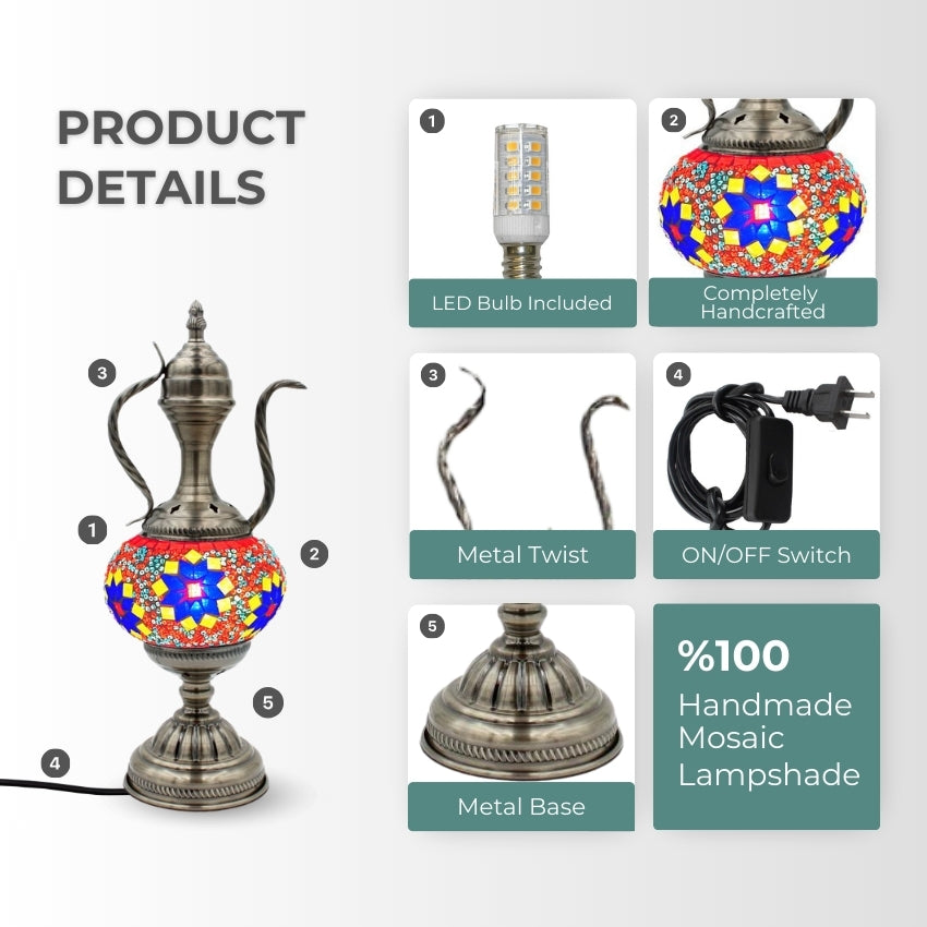 Vivid Red Turkish Lamp with Colorful Flowers and Teapot Motif mosaic glass table lamp — setup guide