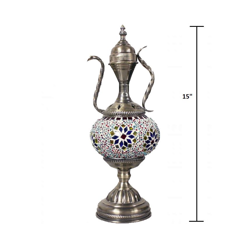 Vivid Red Turkish Lamp with Colorful Flowers and Teapot Motif mosaic glass table lamp — size and dimensions