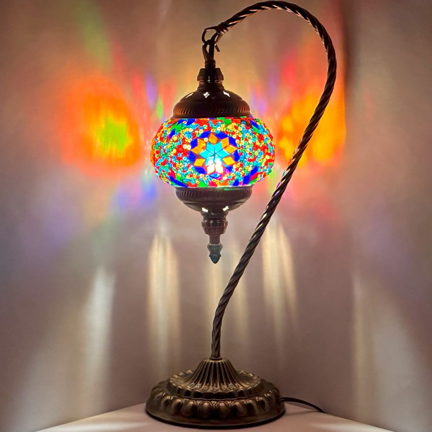 Handcrafted Colorful Swan Neck Mosaic Night Lamp mosaic glass table lamp — glowing against a dark background
