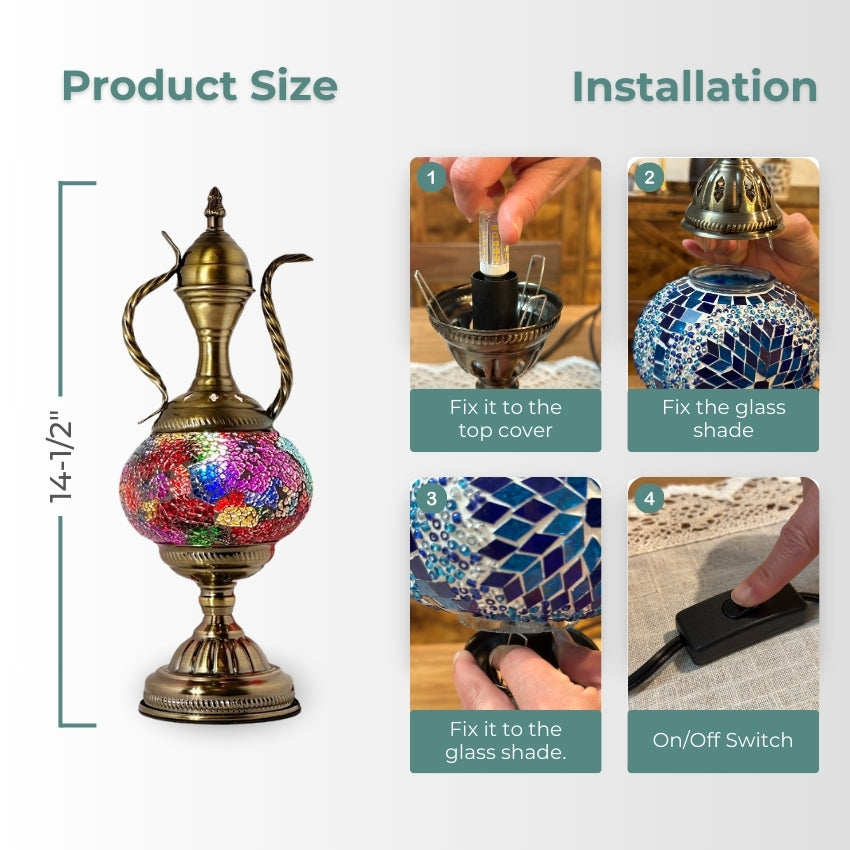 Diverse Colors Turkish Mosaic Lamp with Pitcher Silhouette mosaic glass table lamp — handmade craftsmanship