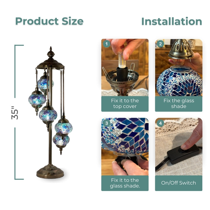 Deep Sea Blue Turkish Lamp with Quintuple Mosaic Globes mosaic glass table lamp — handmade craftsmanship