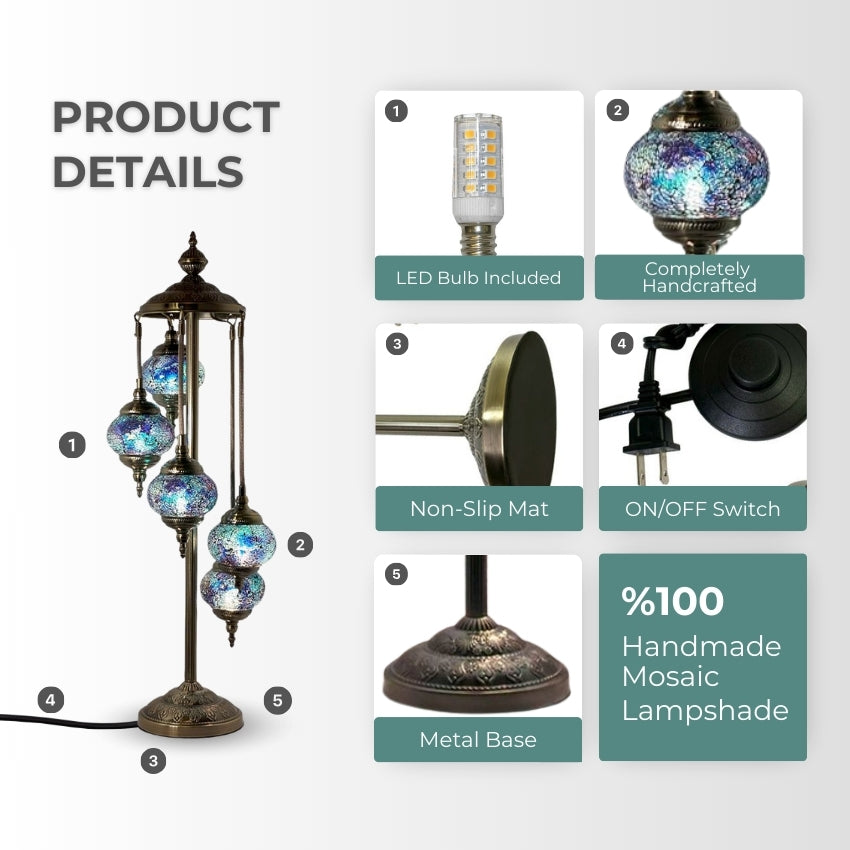 Deep Sea Blue Turkish Lamp with Quintuple Mosaic Globes mosaic glass table lamp — setup guide