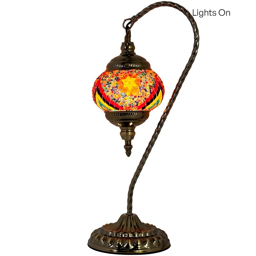 Fiery Waves Swan Neck Handcrafted Mosaic Turkish Lamp mosaic glass table lamp — close-up of the mosaic glass