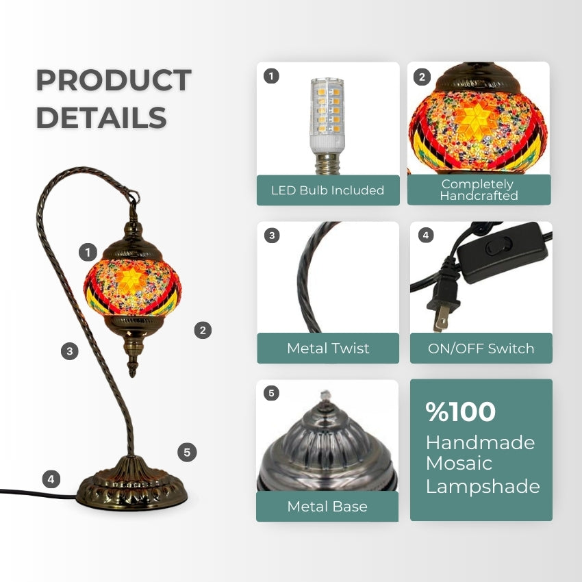 Fiery Waves Swan Neck Handcrafted Mosaic Turkish Lamp mosaic glass table lamp — setup guide