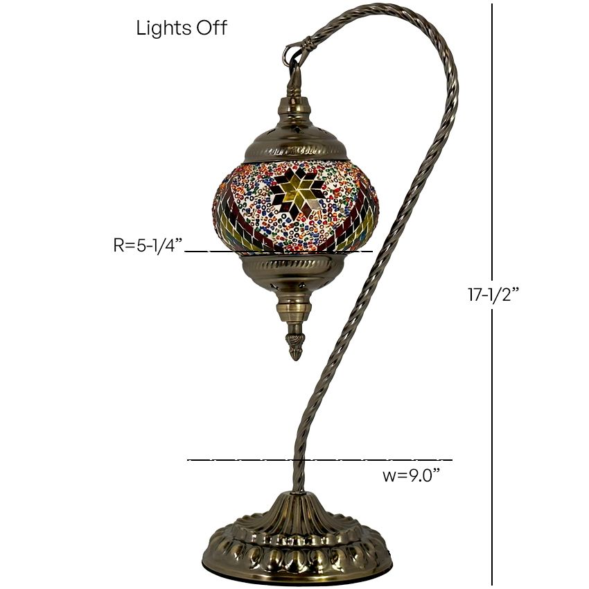 Fiery Waves Swan Neck Handcrafted Mosaic Turkish Lamp mosaic glass table lamp — size and dimensions