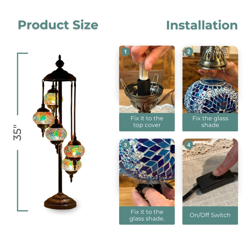 Emerald Glow Turkish Mosaic Lamp with Quintuple Globes mosaic glass table lamp — lit on a side table