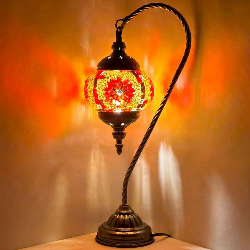 Vivid Red Floral Swan Neck Handcrafted Turkish Mosaic Lamp mosaic glass table lamp — close-up of the mosaic glass