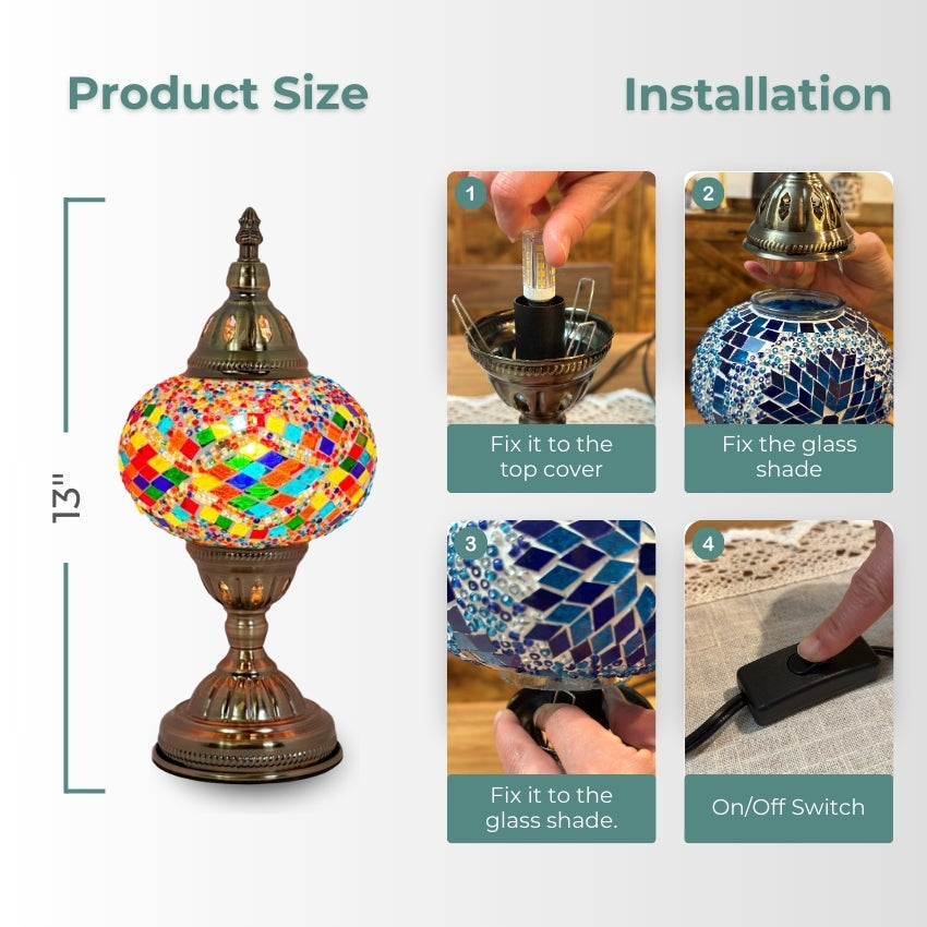 Vivid Rainbow Diamond Road Turkish Mosaic Lamp mosaic glass table lamp — glowing in a styled room