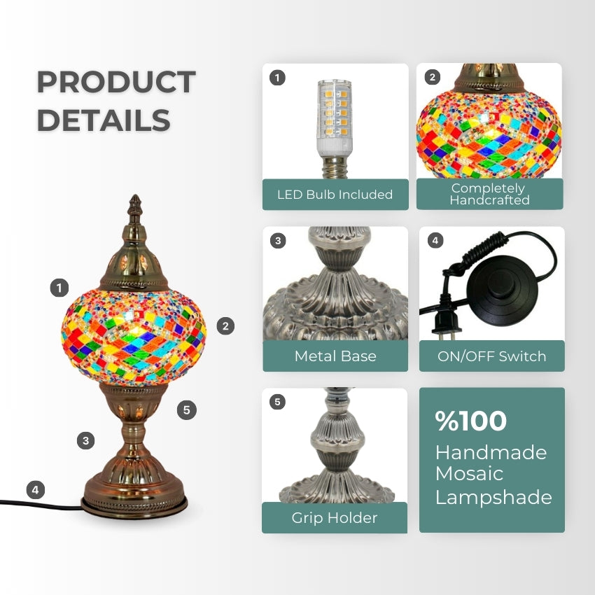 Vivid Rainbow Diamond Road Turkish Mosaic Lamp mosaic glass table lamp — glowing against a dark background