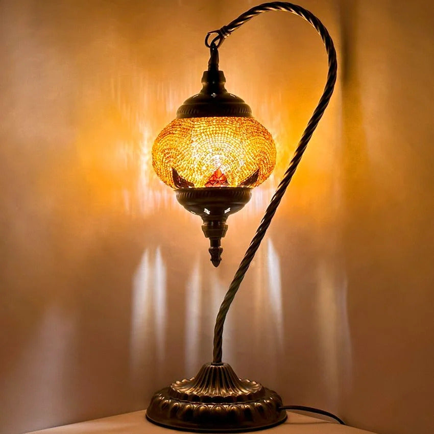 Warm Light Orange Swan Neck Handcrafted Turkish Mosaic Lamp mosaic glass table lamp — glowing against a dark background