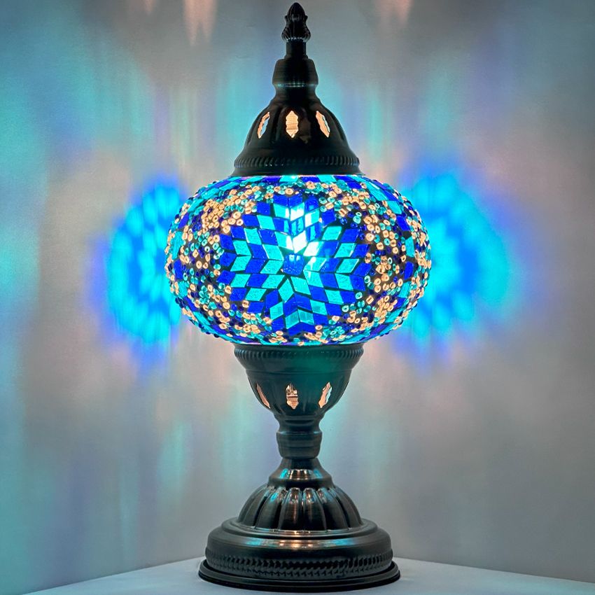 Mystic Midnight Blue Turkish Lamp with Mosaic Glass Art mosaic glass table lamp — glowing against a dark background