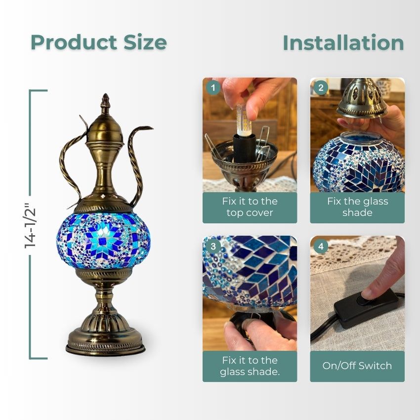 Midnight Blue Turkish Lamp with Pitcher Design mosaic glass table lamp — handmade craftsmanship