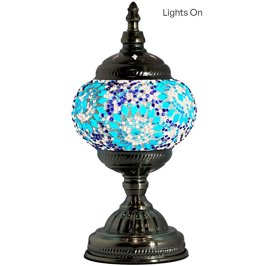 Blue Pearl Fantasy mosaic glass table lamp — close-up of the mosaic glass