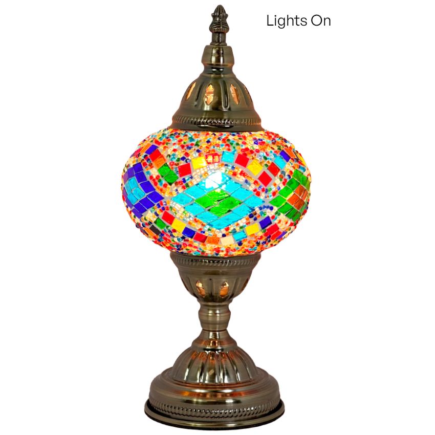 Kaleidoscopic Diamond Road mosaic glass table lamp — close-up of the mosaic glass