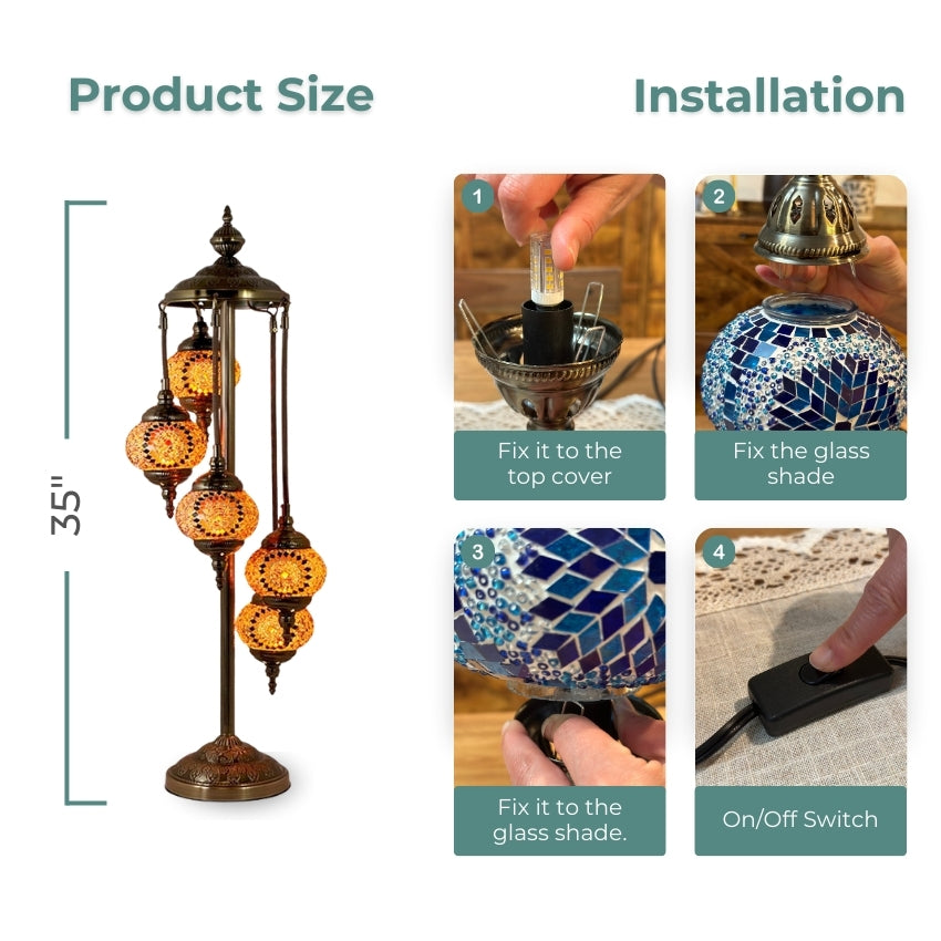 Vibrant Orange Blossom Handmade Turkish Lamp with Quintuple Globes mosaic glass table lamp — handmade craftsmanship