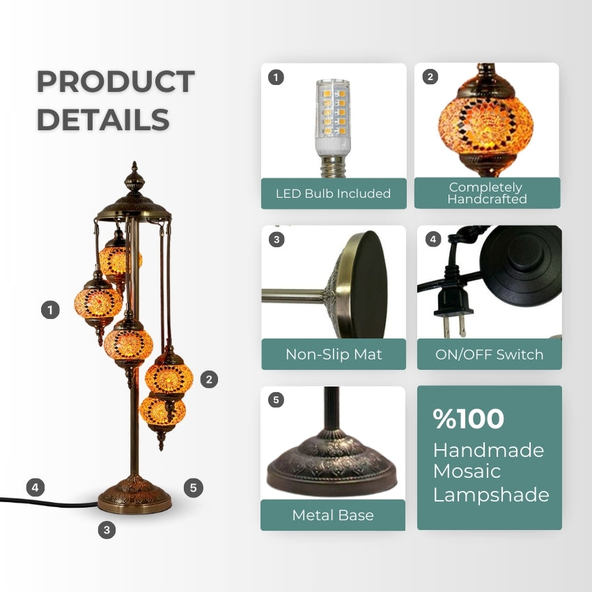 Vibrant Orange Blossom Handmade Turkish Lamp with Quintuple Globes mosaic glass table lamp — setup guide