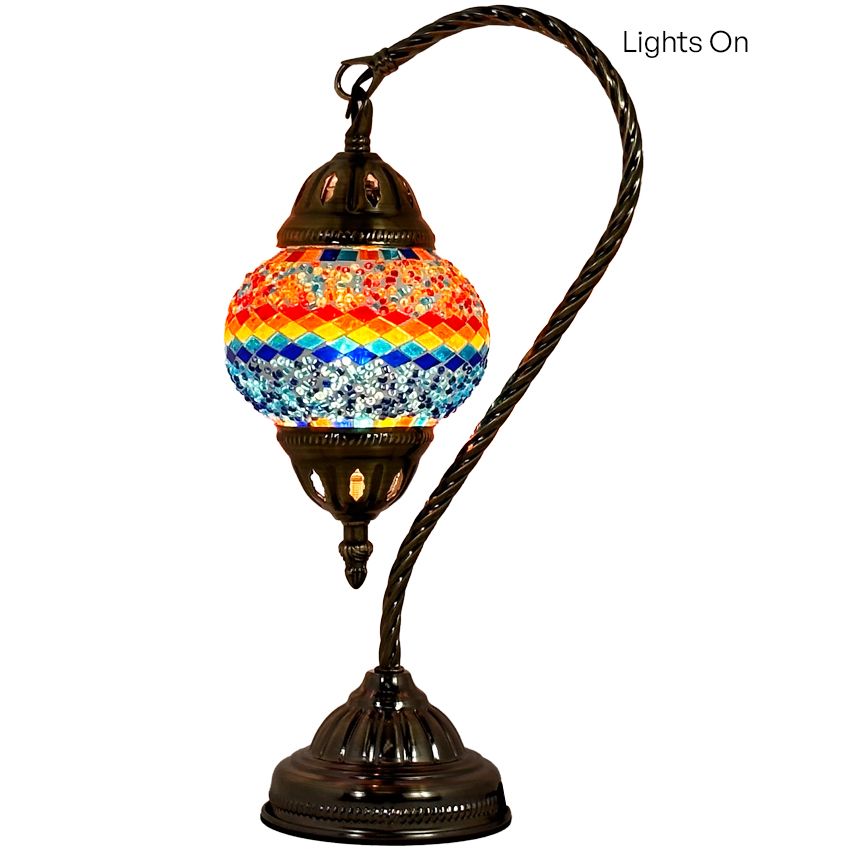 Iridescent Swan Neck mosaic glass table lamp — close-up of the mosaic glass