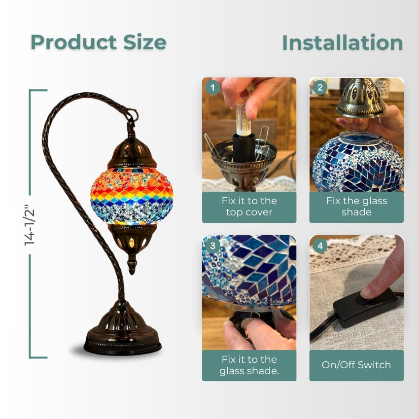 Iridescent Swan Neck mosaic glass table lamp — handmade craftsmanship