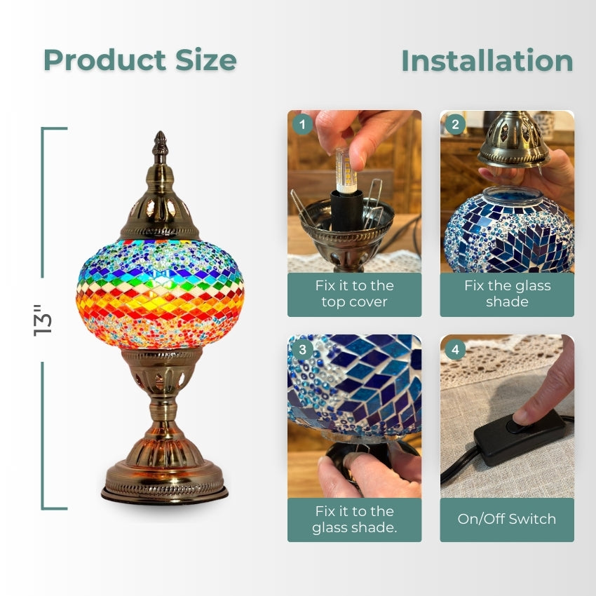 Wave of Colors mosaic glass table lamp — glowing in a styled room
