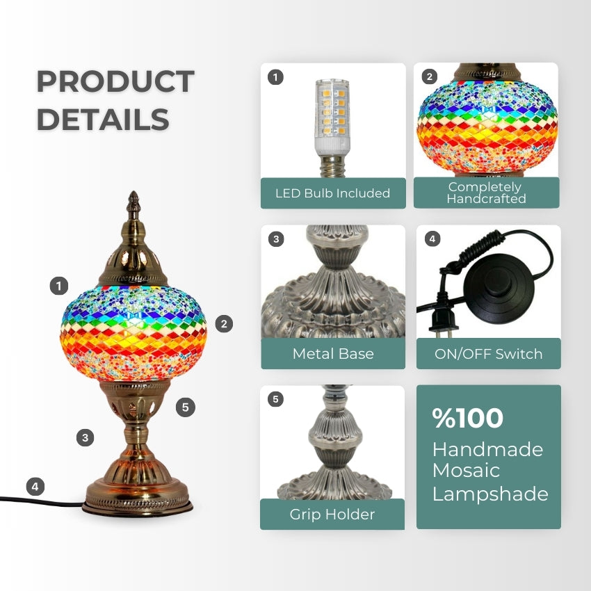 Wave of Colors mosaic glass table lamp — glowing against a dark background