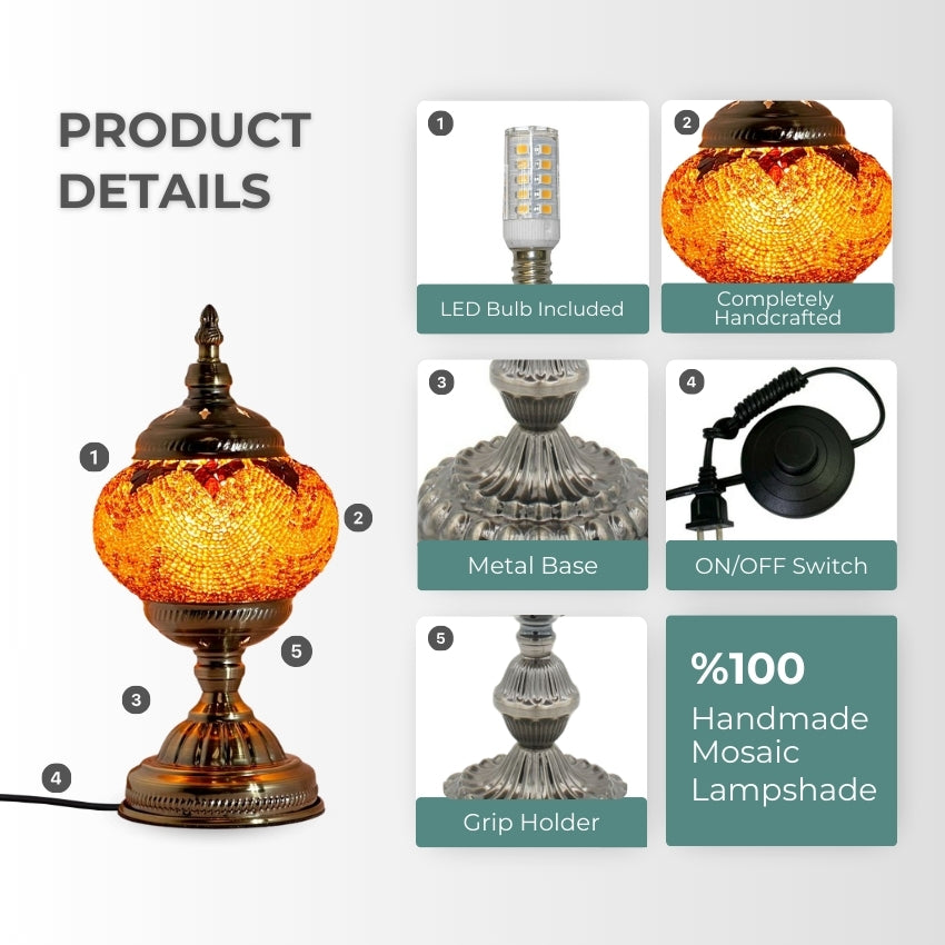 Desert Mirage mosaic glass table lamp — lit on a side table