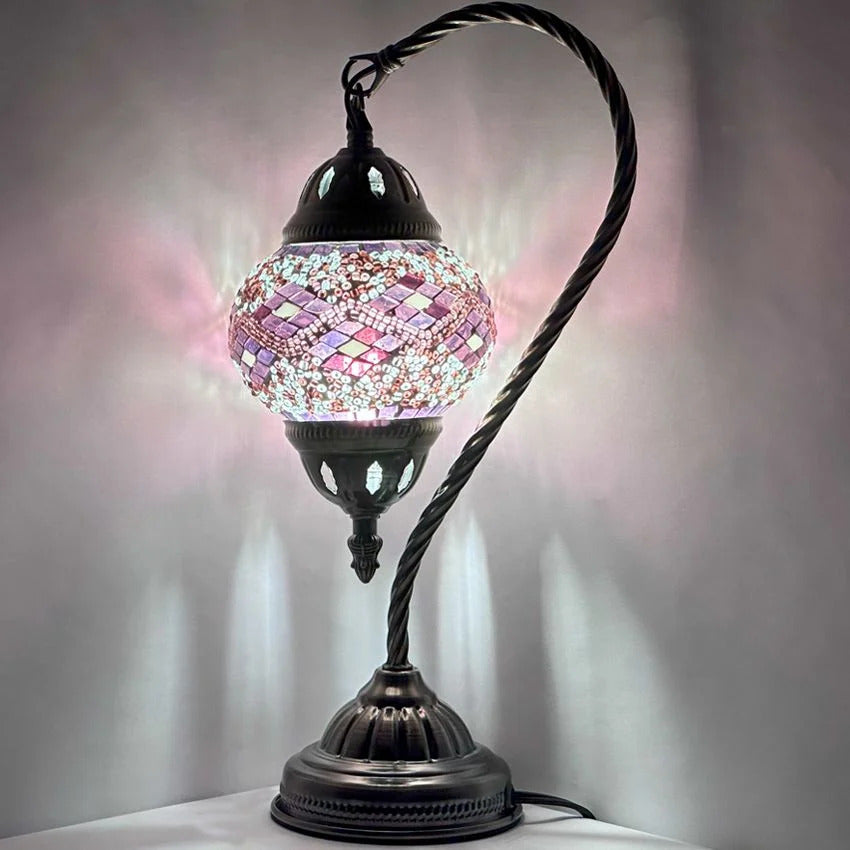 Lavender Whisper mosaic glass table lamp — glowing against a dark background