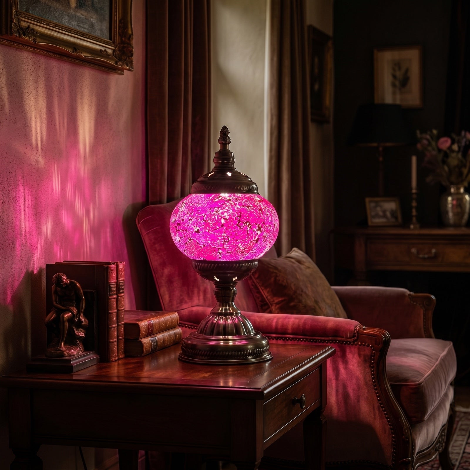 Amethyst Hues mosaic glass table lamp — glowing in a warm, dimly-lit evening room