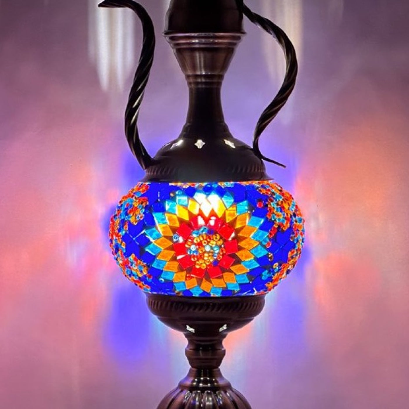 Artistic Blue Sunflower Turkish mosaic glass table lamp — close-up of the hand-cut mosaic glass