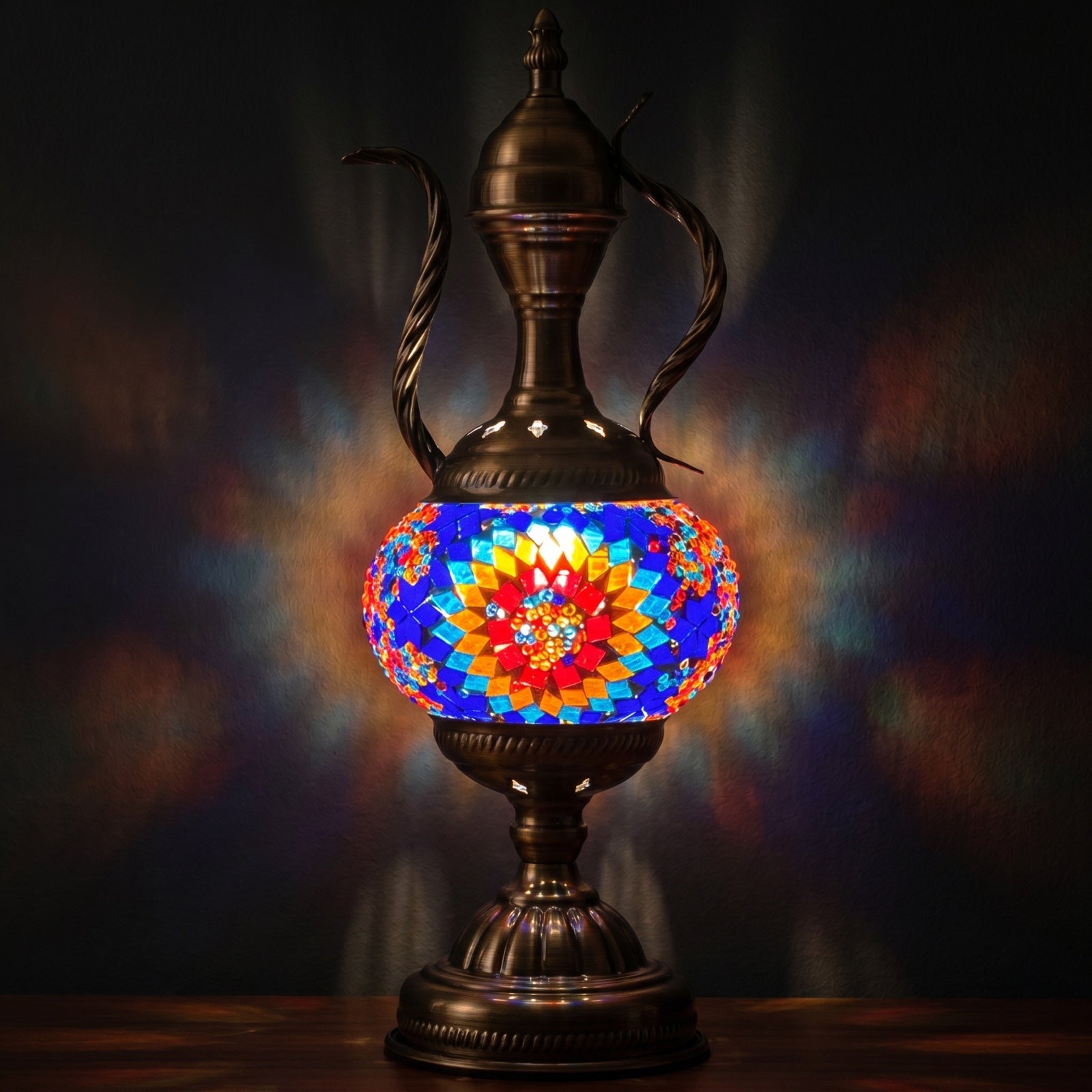 Artistic Blue Sunflower Turkish mosaic glass table lamp — glowing against a deep charcoal background
