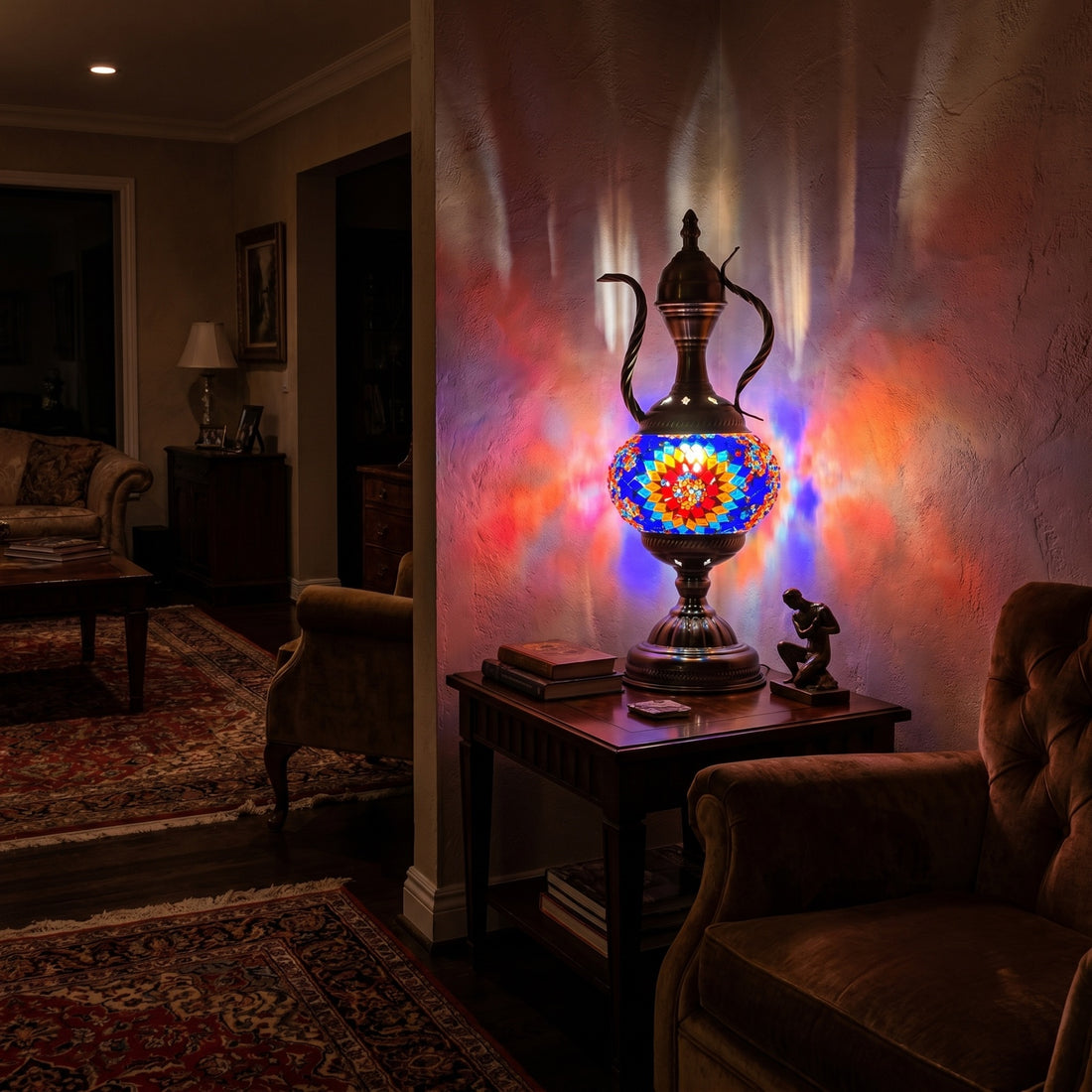 Artistic Blue Sunflower Turkish mosaic glass table lamp — glowing against a deep charcoal background