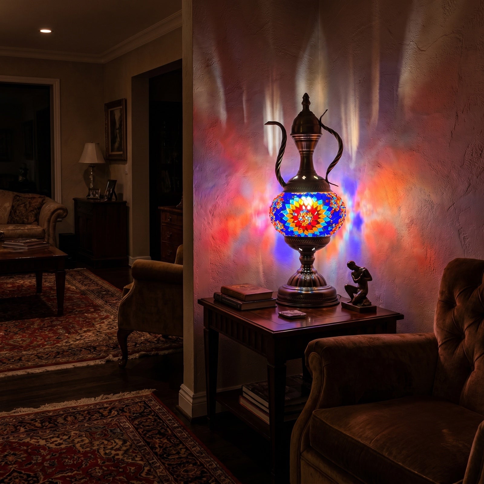 Artistic Blue Sunflower Turkish mosaic glass table lamp — glowing in a warm, dimly-lit evening room