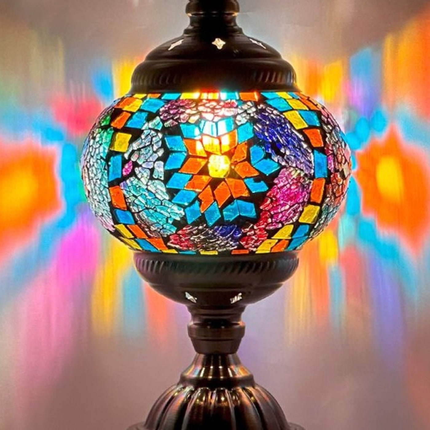 Azure Rainbow mosaic glass table lamp — close-up of the hand-cut mosaic glass