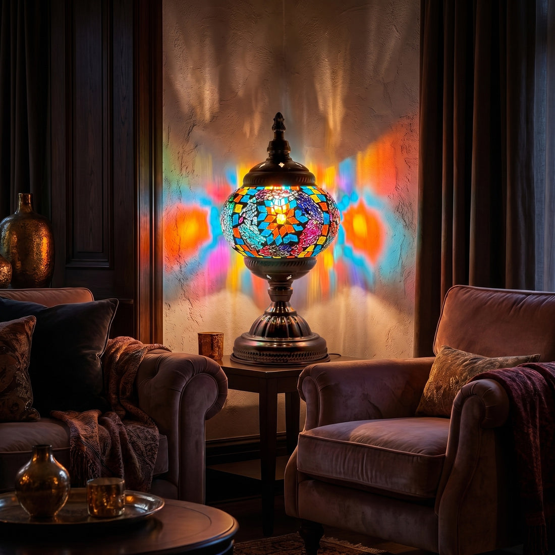 Azure Rainbow mosaic glass table lamp — glowing against a deep charcoal background