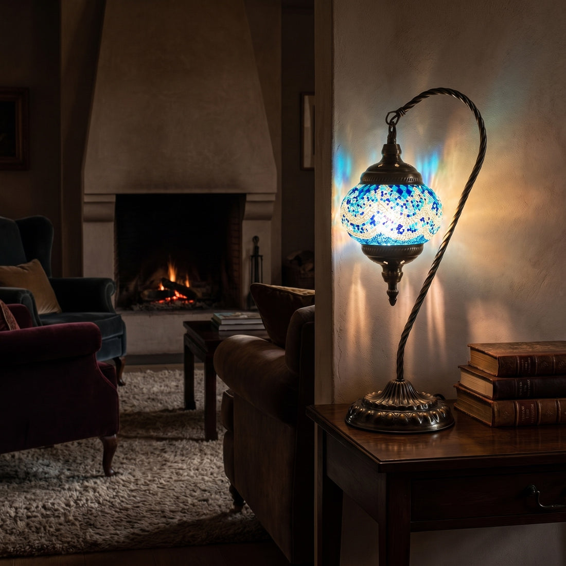Azure Serenity mosaic glass table lamp — glowing against a deep charcoal background