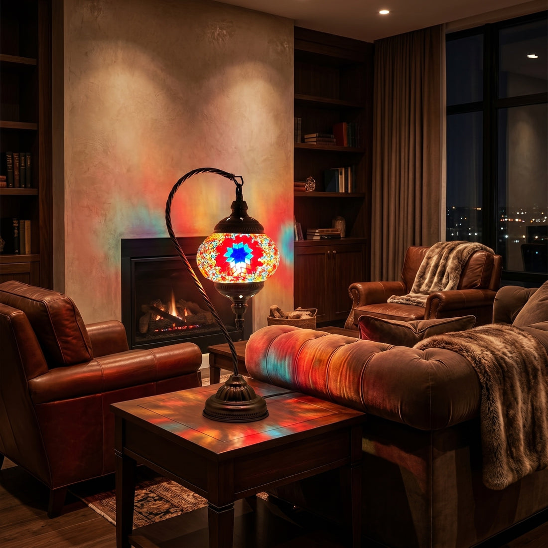 Blossoming Elegance mosaic glass table lamp — glowing against a deep charcoal background