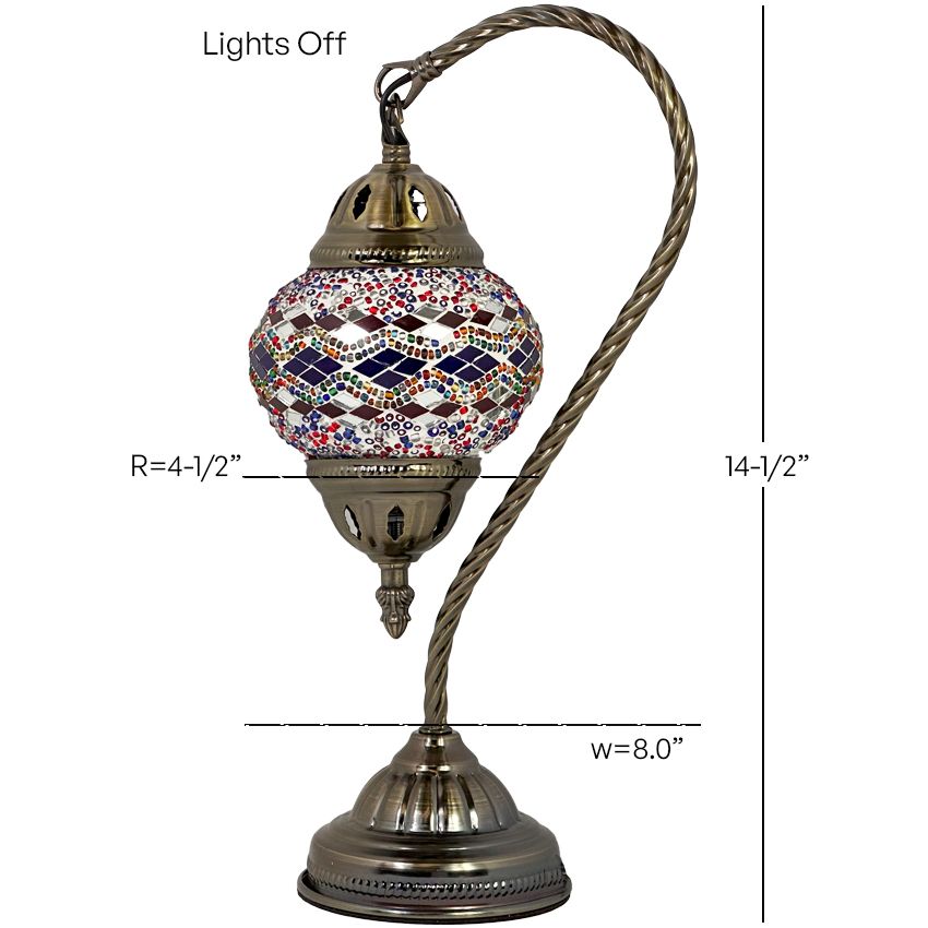 Turkish Lamp with Blue & Red Diamond Patterns mosaic glass table lamp — size and dimensions