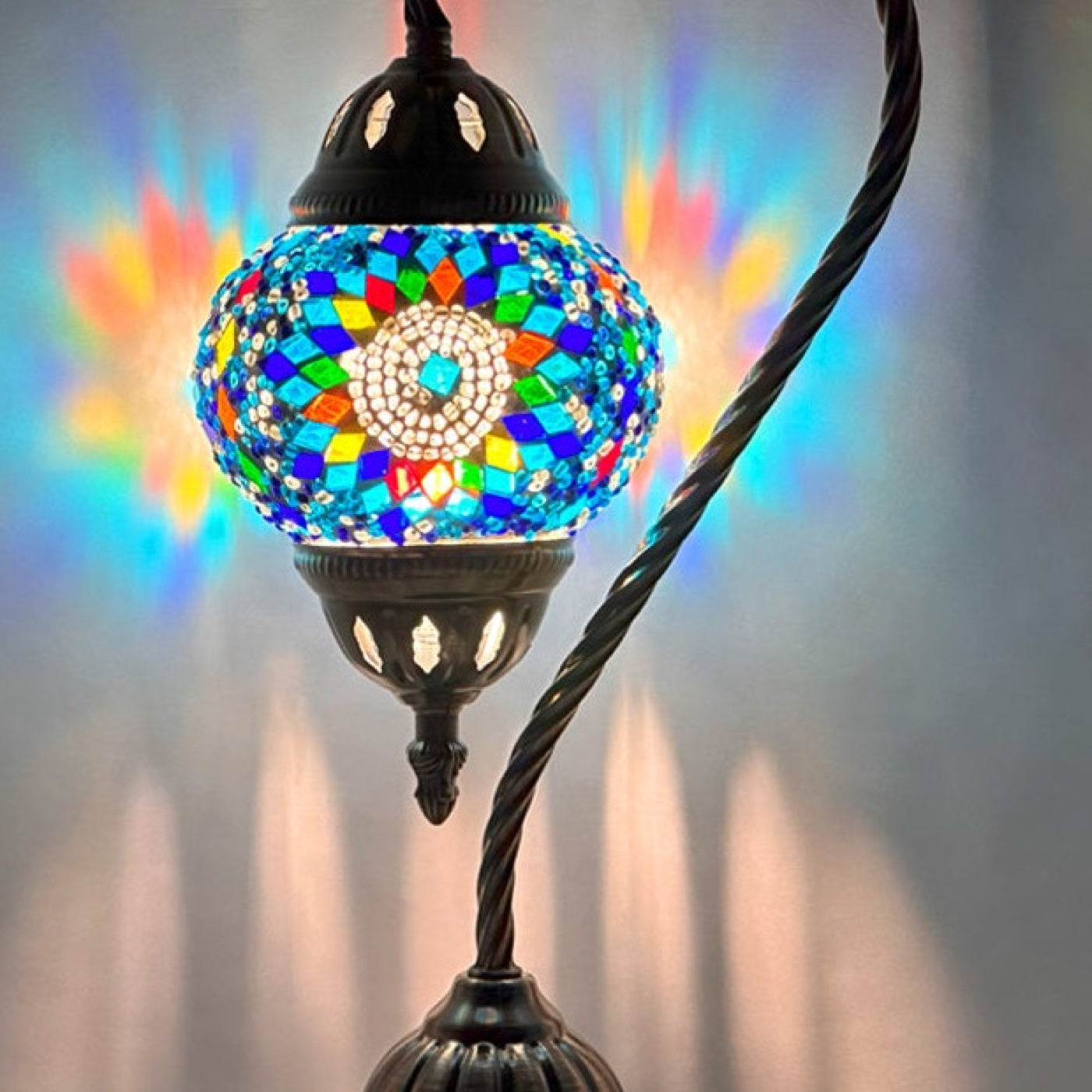 Blue Flower Turkish Style Lamps with Swan Neck Design mosaic glass table lamp — close-up of the hand-cut mosaic glass