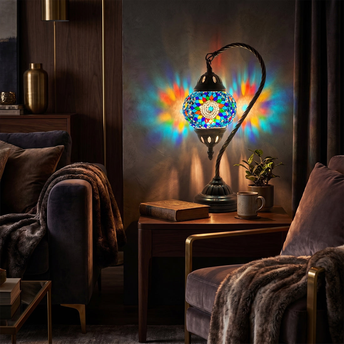 Blue Flower Turkish Style Lamps with Swan Neck Design mosaic glass table lamp — glowing against a deep charcoal background