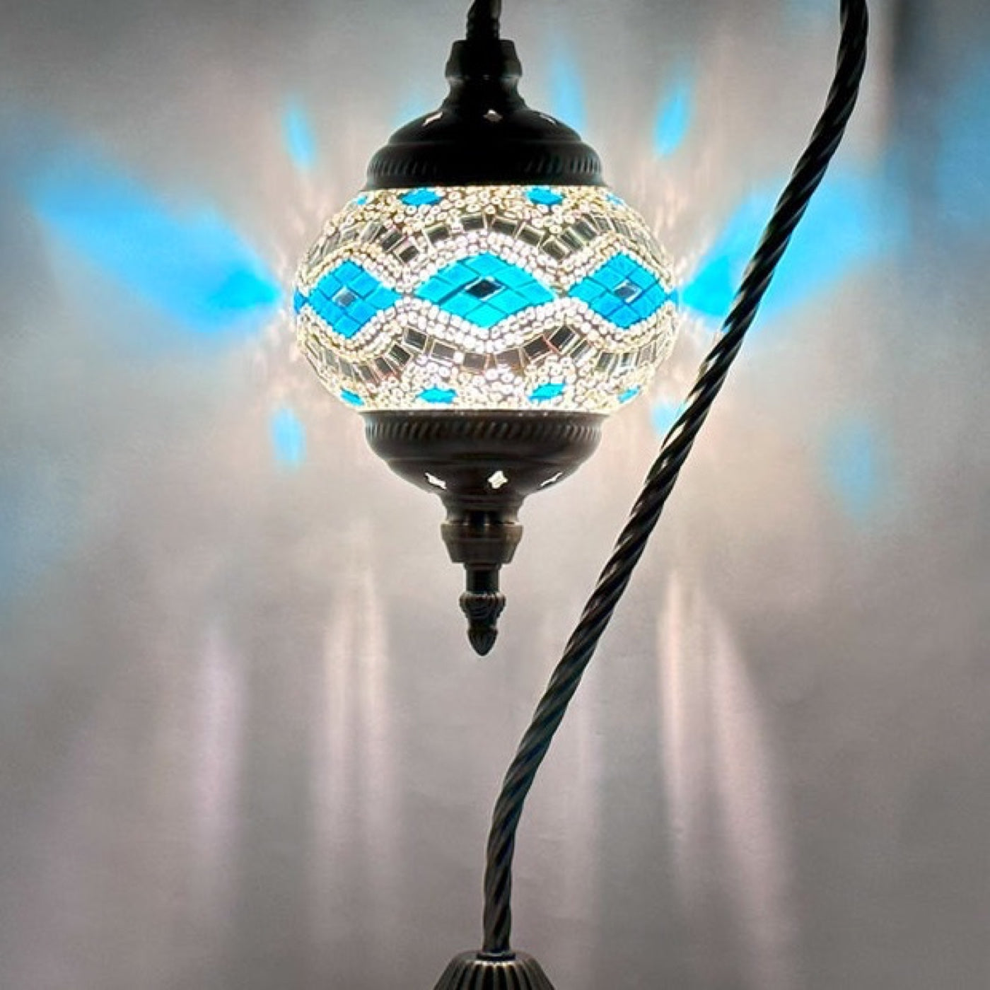 Blue Glacier Goose Neck Moroccan Mosaic Desk Lamp mosaic glass table lamp — close-up of the hand-cut mosaic glass