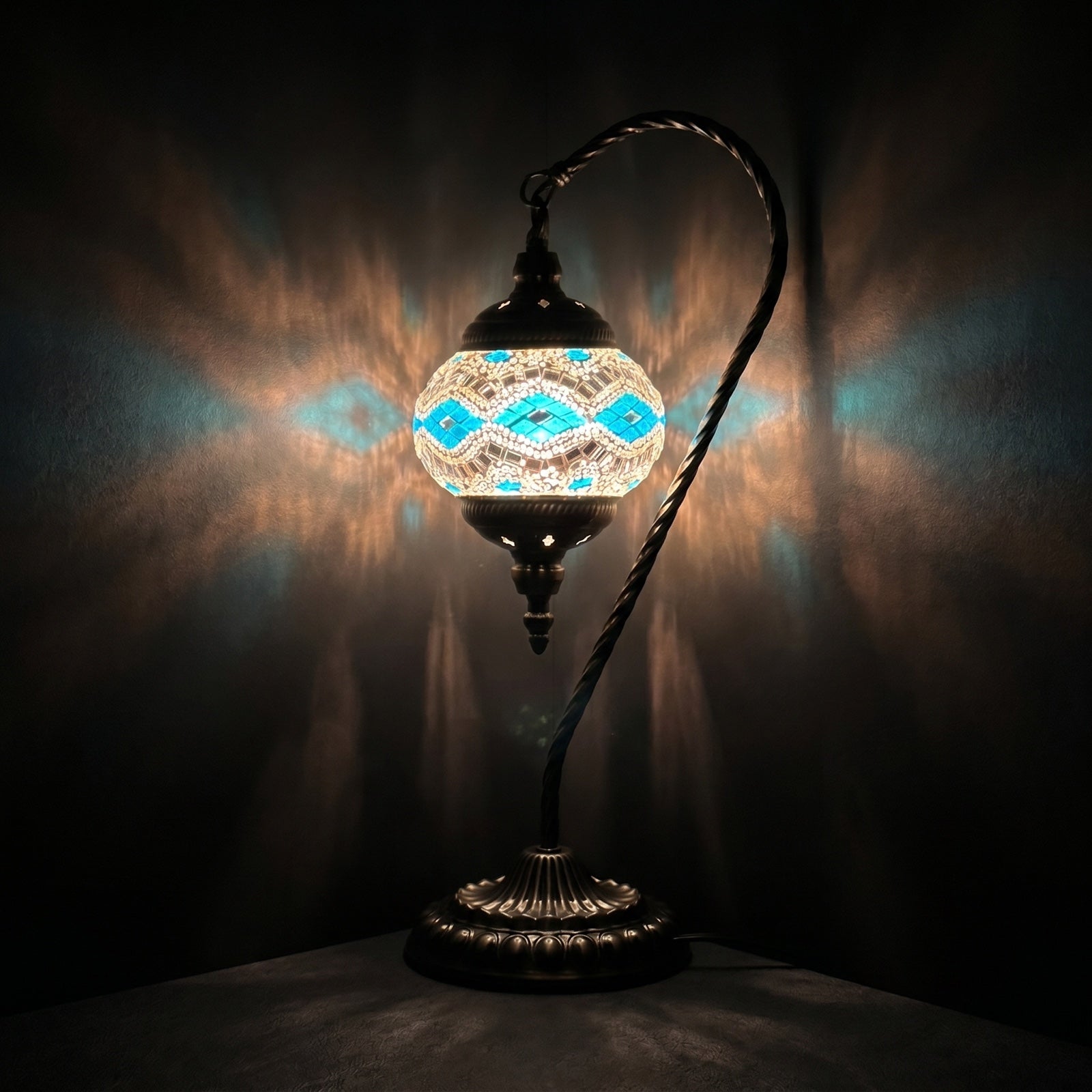 Blue Glacier Goose Neck Moroccan Mosaic Desk Lamp mosaic glass table lamp — glowing against a deep charcoal background