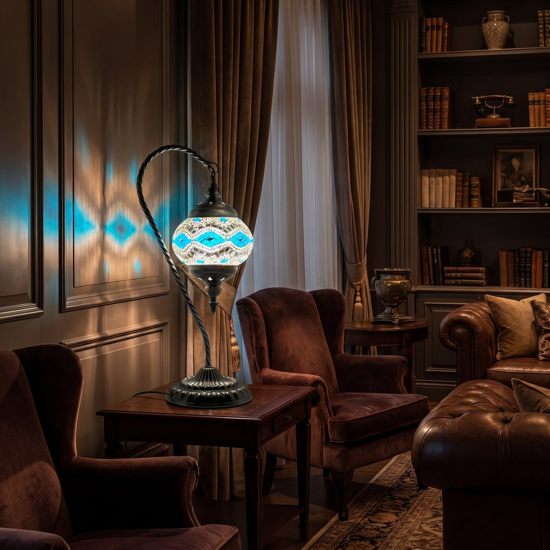 Blue Glacier Goose Neck Moroccan Mosaic Desk Lamp mosaic glass table lamp — glowing against a deep charcoal background